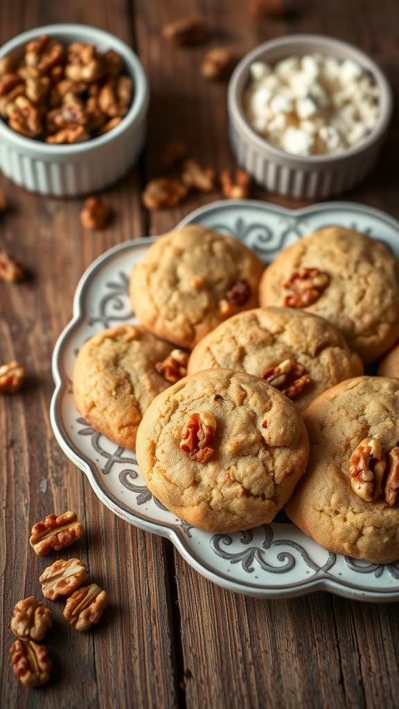 Freshly baked low-carb walnut cookies with walnuts on a rustic table.